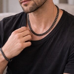 Blackjack Jewelry Black Chain Necklace & Bracelet Set Gothic Street Style Unisex